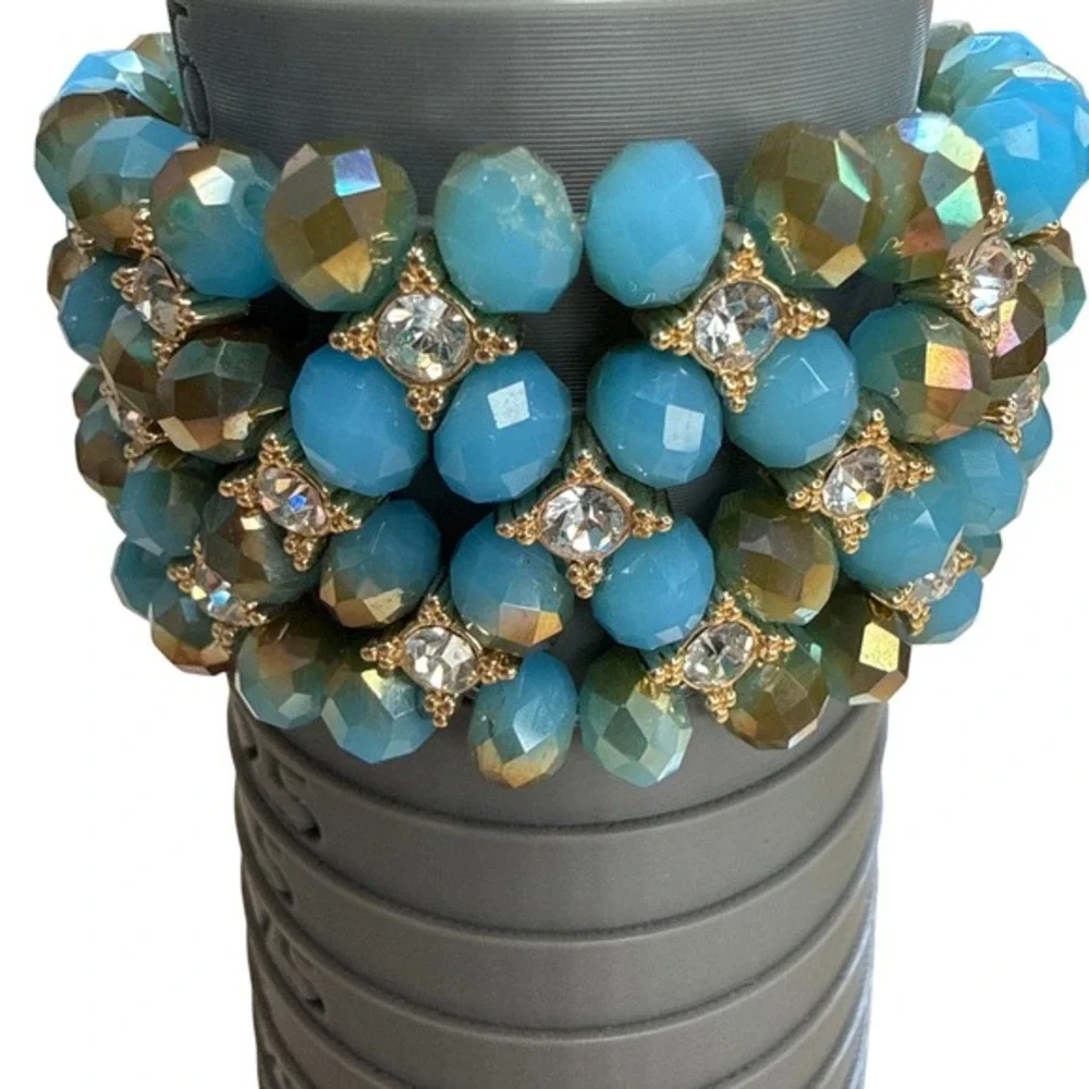 Beaded Stretch Bracelet Blue Bronze Rhinestone Statement Cuff‎